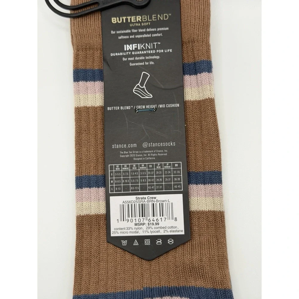 Stance Strata Crew Socks Brown Striped Butter Blend A556D25SRA Large NWT